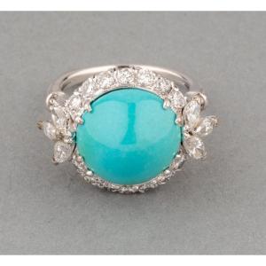 Vintage French Ring In Gold, Diamonds And Turquoise