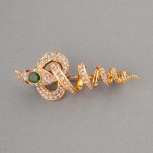 Broche Française Ancienne En Or Diamants Et Emeraude