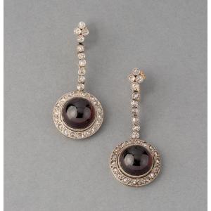 Boucles d'Oreilles Anciennes En Or Diamants Et Grenats