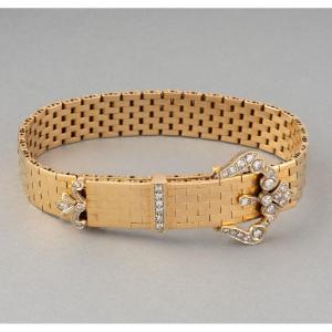 Vintage French Belt Bracelet In Gold And Diamonds