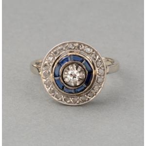 Old French Art Deco Ring In Gold Diamonds And Sapphires