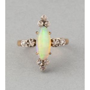 Old French Ring In Gold Opal And Diamonds