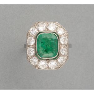 Antique French Art Deco Ring In Platinum, Diamonds And Emerald