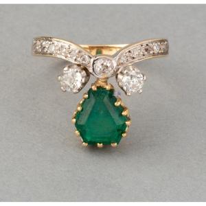 Old French Belle Epoque Duchesse Ring In Gold Diamonds And Emerald