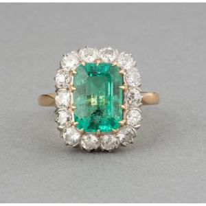 Bague Vintage Française Or Diamants Et Emeraude 4 Carats