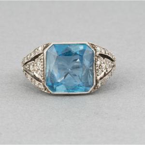 Old French Art Deco Ring In Platinum, Diamonds And Aquamarine