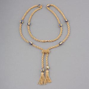 Long Vintage French Rope And Pompoms Necklace In Gold 