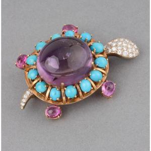 Vintage French Turtle Brooch In Gold Amethyst Diamonds And Turquoise