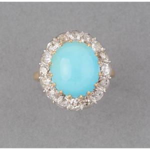 Vintage French Ring In Gold, Diamonds And Turquoise