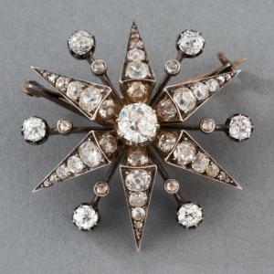 Broche Etoile Ancienne en Or Argent et Diamants