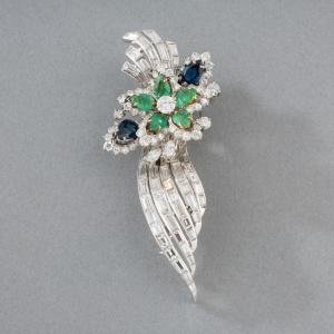 Broche Française Vintage en Or Diamants Emeraudes et Saphirs