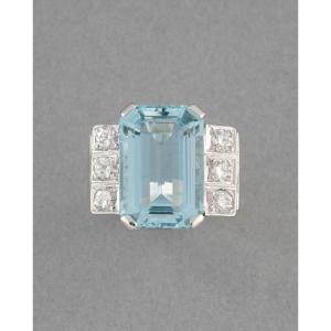 Bague Française Vintage en Or Diamants et Aigue-marine