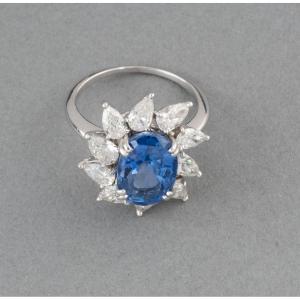 Bague  Française Vintage Saphir Certifié de 4.85 Carats et Diamants 