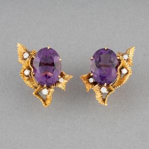 Paire de Boucles D'oreilles en Or Améthystes et Diamants par Bellin