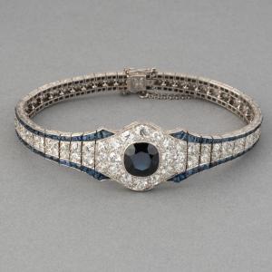 French Art Deco Platinum Diamonds And Sapphires Bracelet