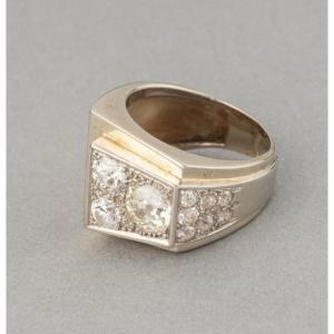 Bague Française Art Déco en Or Platine et Diamants