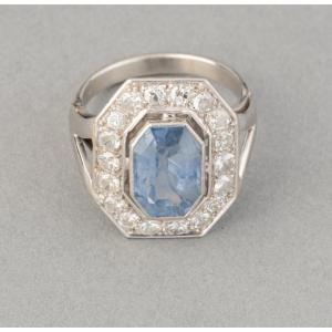 Bague Française Art Déco en Platine Diamants et Saphir