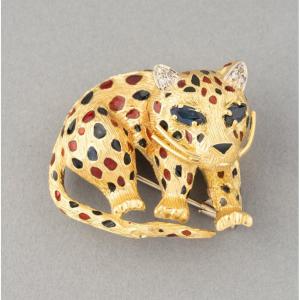 Broche Félin Vintage en Or et Pierres Précieuses