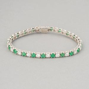 Bracelet Rivière Français Vintage en Or Diamants et Emeraudes
