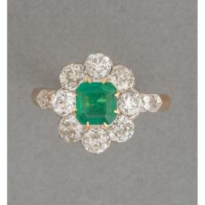 Bague Française Belle Epoque en Or Diamants et Emeraude de Colombie