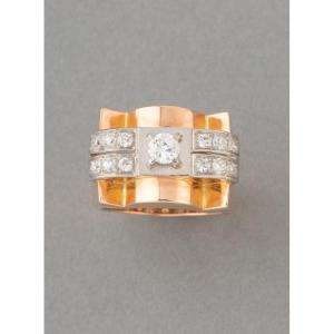 Bague Française Ancienne Tank en Or et Diamants
