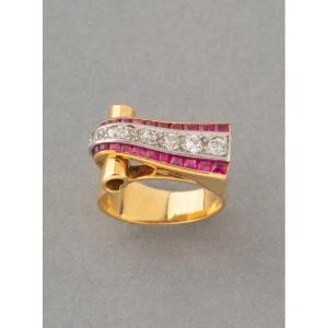 Bague Française rétro en Or et Diamants