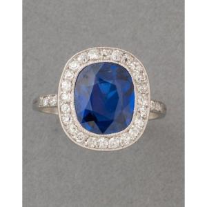 Antique French Platinum Ring With Diamonds And Royal Blue Sapphires From Sri Lanka