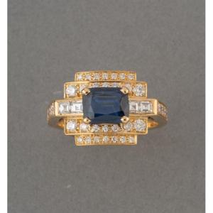 Vintage French Gold Ring With Sapphire And Diamonds