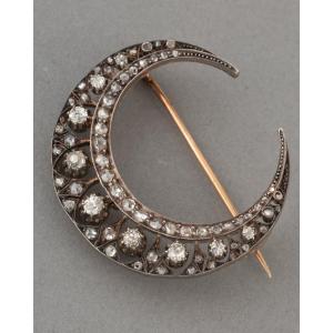 19th-century Moon Crescent Brooch In Gold, Silver, And Diamonds
