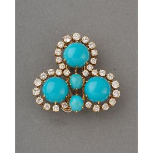 Vintage French Brooch In Gold With Diamonds And Turquoises