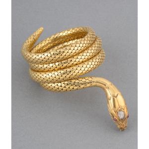 Bracelet Français Serpent Ancien 19ième en Or et Diamant