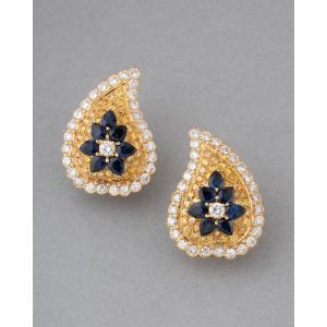 French Gold Earrings With Diamonds And Sapphires