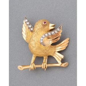 Broche Française Oiseau Vintage en Or et Diamants