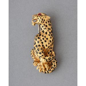 Vintage Panther Brooch In Gold And Enamel