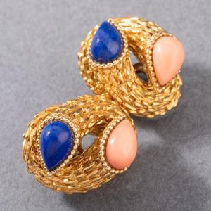 Boucles d'Oreilles Vintage Boucheron En Or Corail Et Lapis