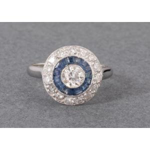 Bague Art Deco En Or Platine Diamants Et Saphirs