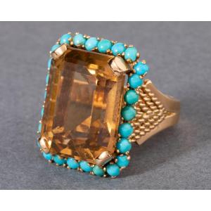 Vintage Citrine And Turquoise Gold Ring