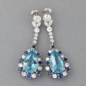 Vintage Gold Aquamarines Diamonds And Sapphires Earrings