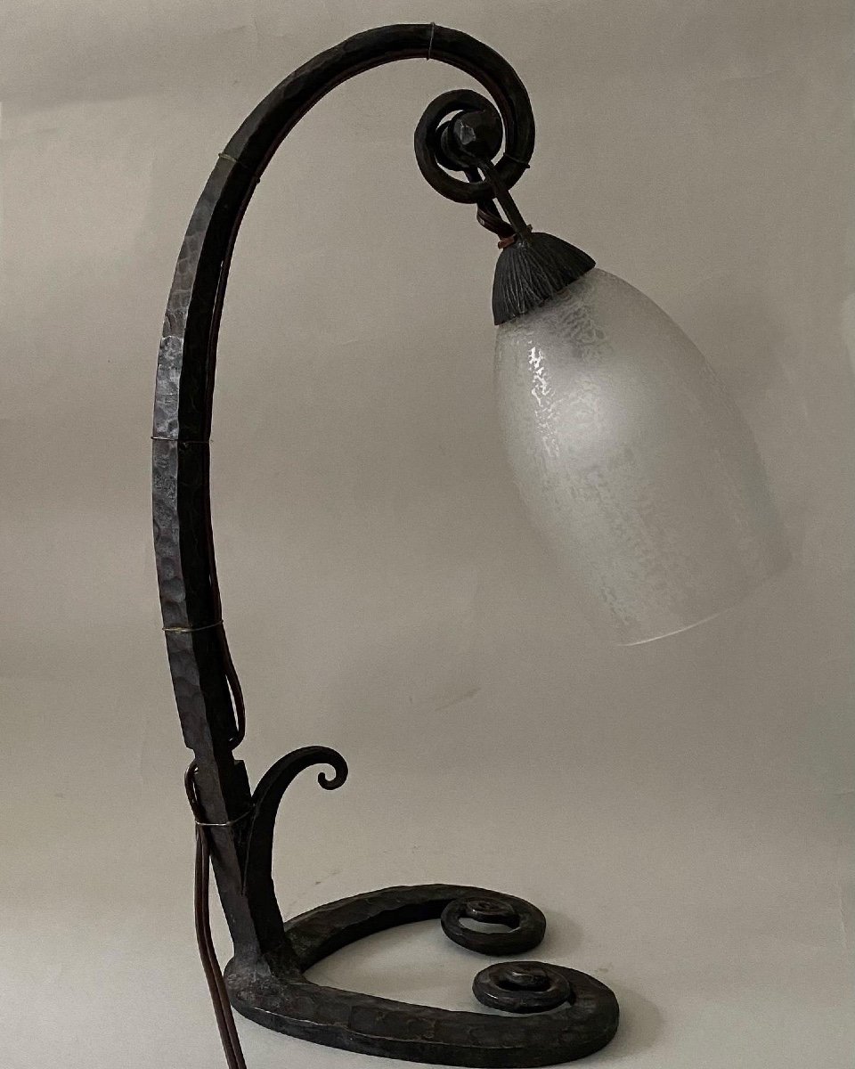 Daum Nancy Et Edgar Brandt Art Deco Lampe, Fer Forgé-photo-3