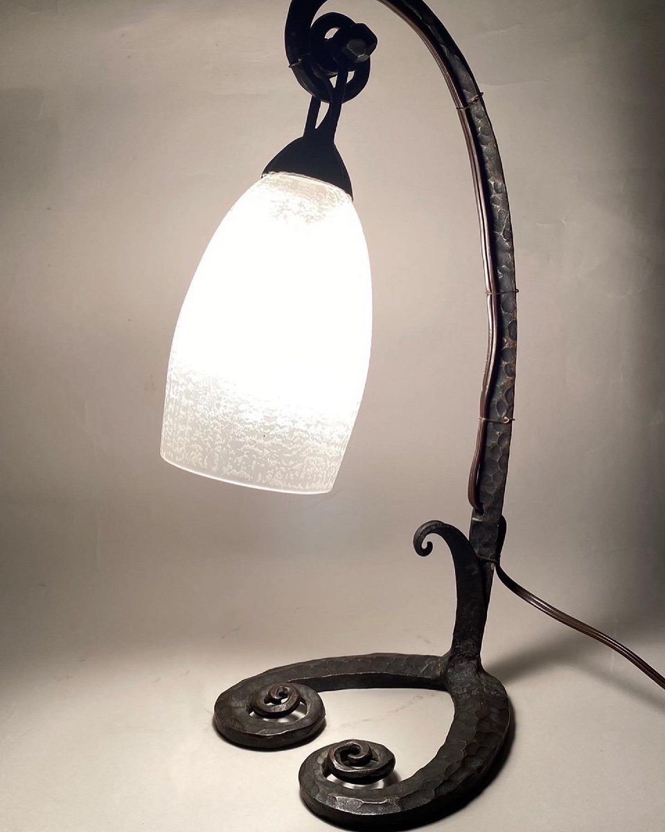 Daum Nancy Et Edgar Brandt Art Deco Lampe, Fer Forgé-photo-2