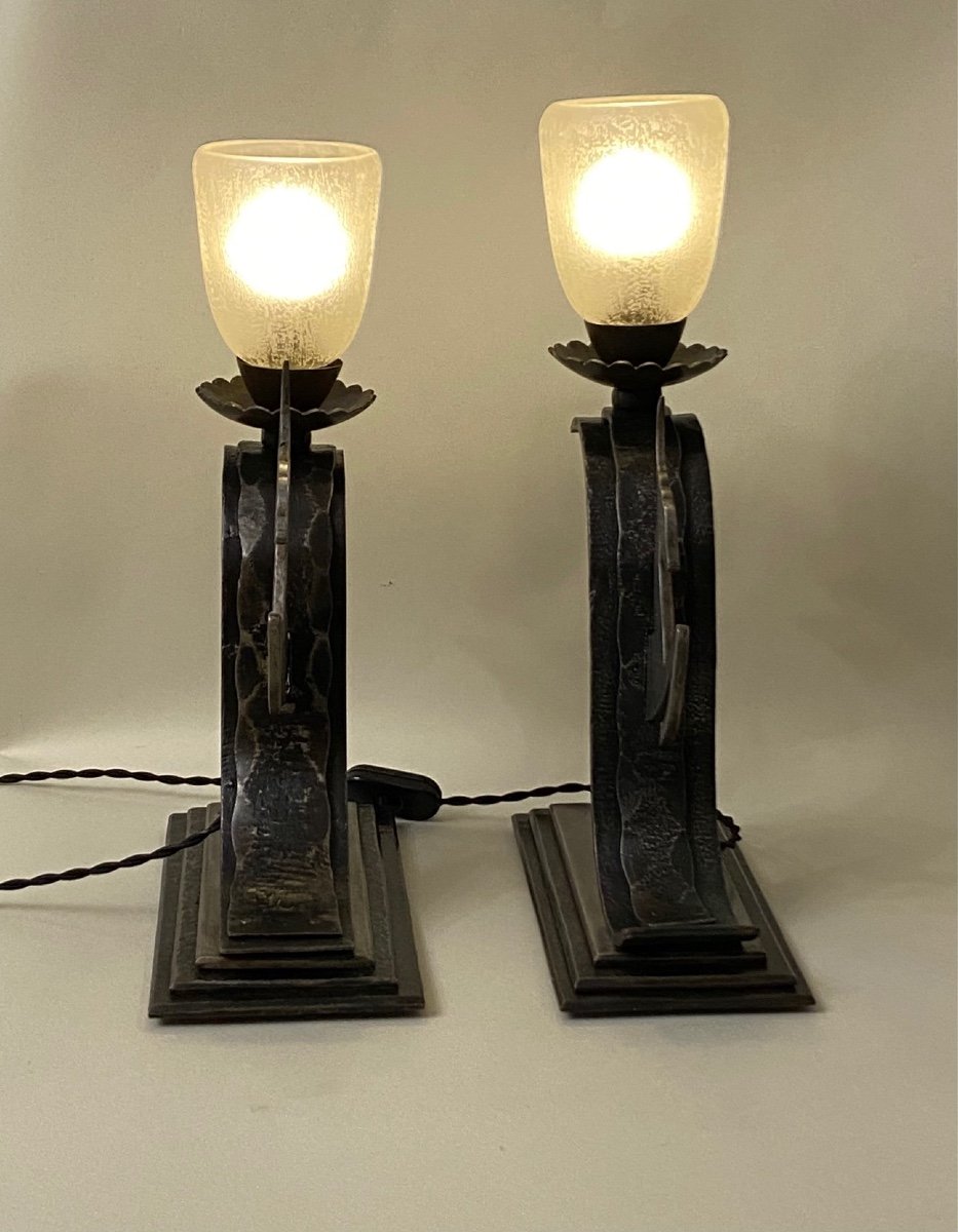 Daum Nancy And Michel Zadounaisky Pair Lamp Wrought Iron-photo-4
