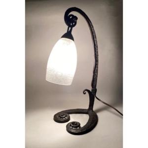 Daum Nancy And Edgar Brandt Art Deco Lamp, Wrought Iron