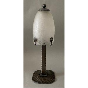 Daum Nancy Art Deco Table Lamp, Wrought Iron