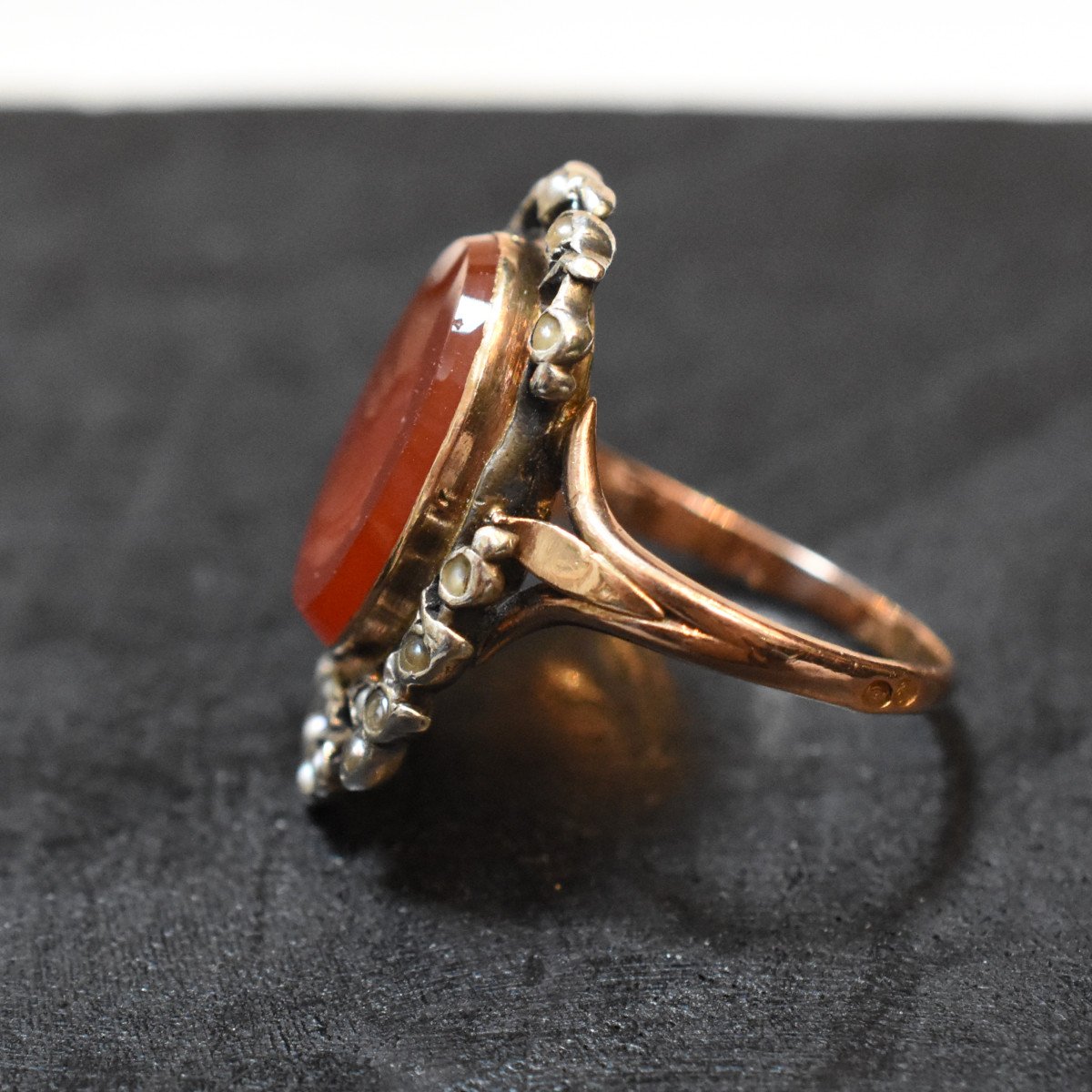 18k Gold And Silver Ring 800/1000, Carnelian Intaglio, Pearls-photo-4