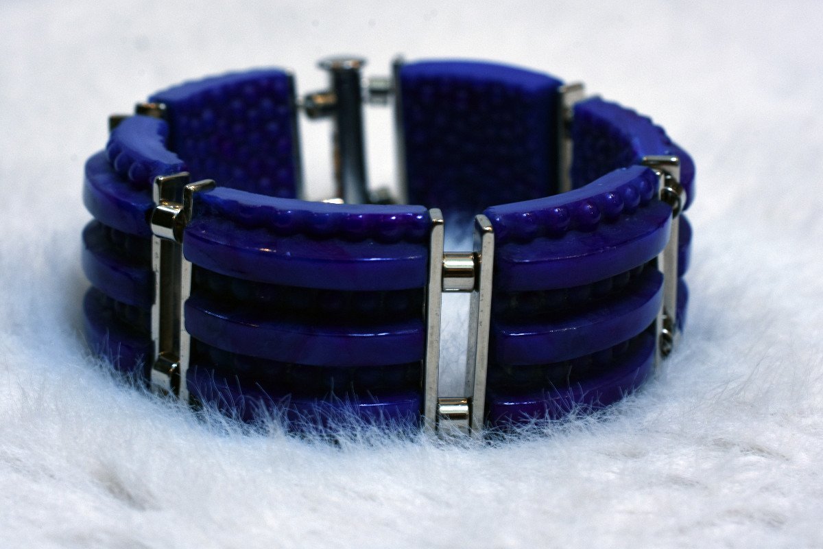 Bracelet Art Déco, En Pâte De Verre Et Chrome, 1950