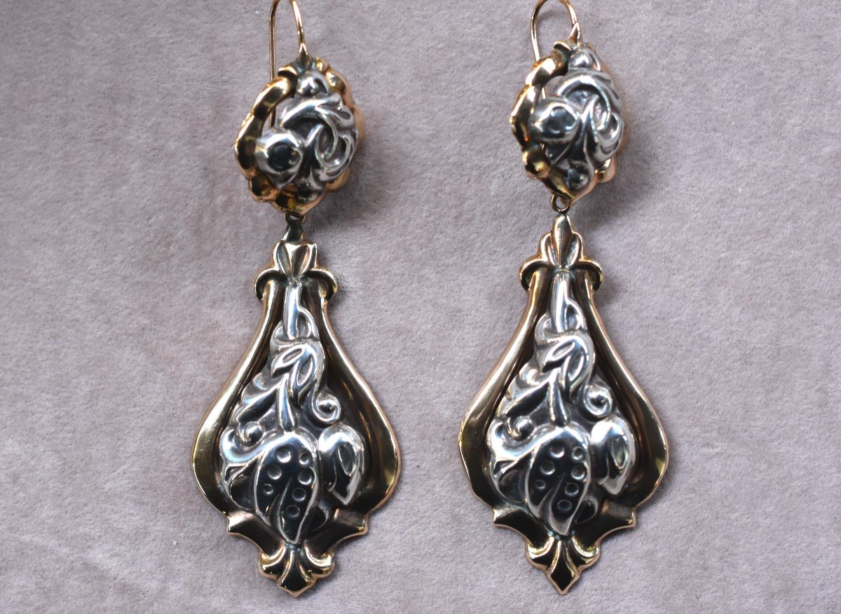 Boucles d'Oreille, dites Poissardes, Or 9k et Argent