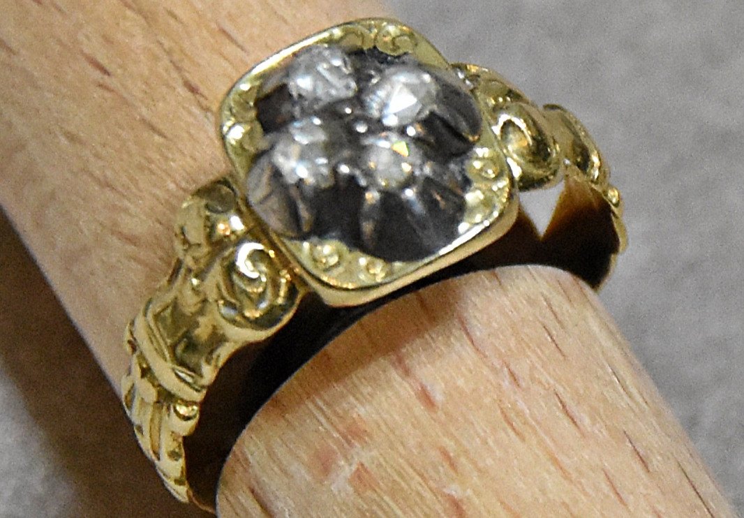 Chevalière or 18k, argent et diamants, XIXème siècle
