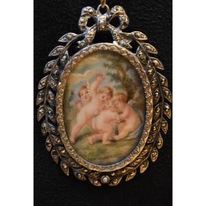 Pendentif Argent Et Portrait Peint