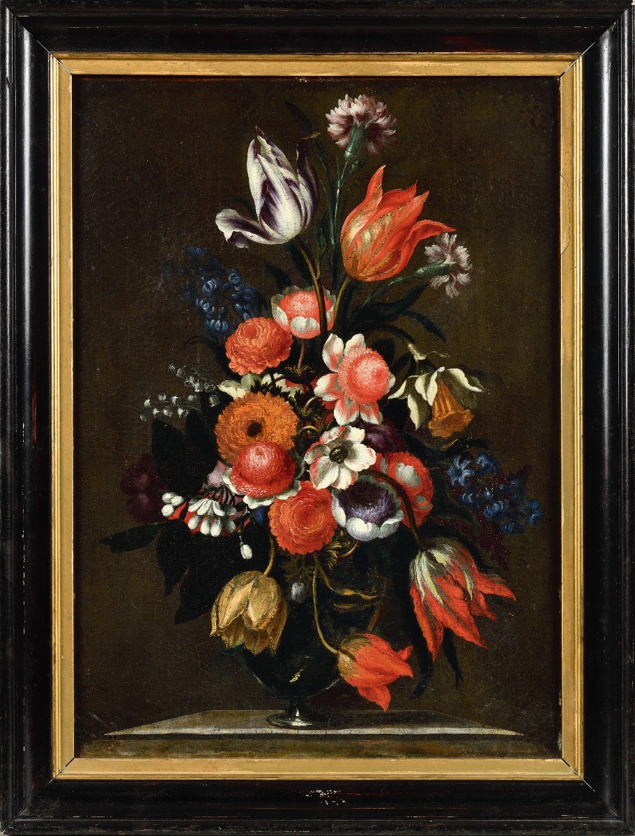 Bartolomeo Ligozzi (1620 - 1695) - Bouquet Of Flowers In A Glass Vase.-photo-2