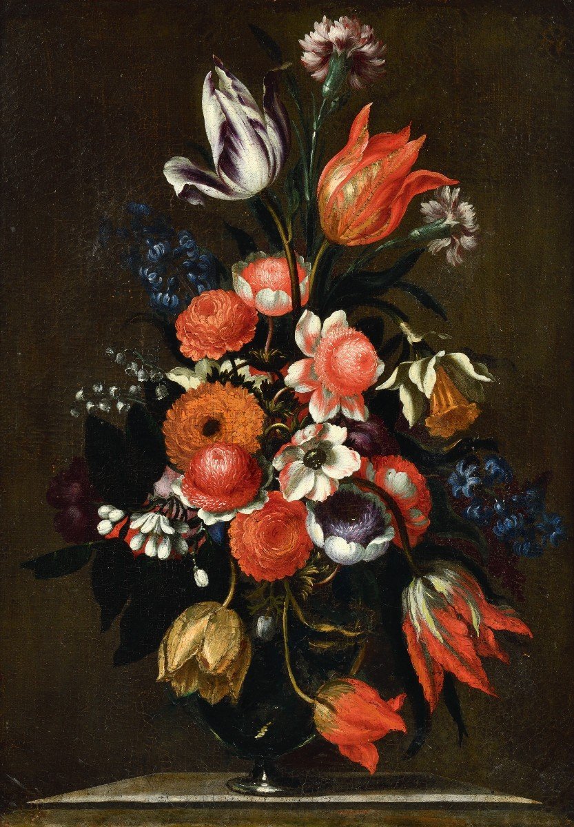 Bartolomeo Ligozzi (1620 - 1695) - Bouquet Of Flowers In A Glass Vase.